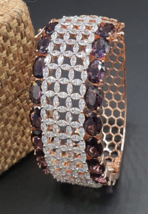 Bollywood Style Indian Rose Gold Plated Kada Bracelet CZ Black Stone Jewelry Set - £60.93 GBP