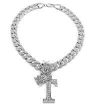 Crowned Initial Letter T Crystals Pendant Silver-Tone Cuban Chain Necklace - £35.30 GBP