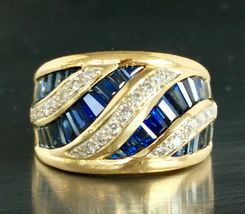 3.75Ct Estate Baguette Blue Sapphire Diamond Wide Band Ring 18k Yellow Gold Over - £89.08 GBP