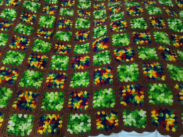 Handmade crocheted granny square afghan blanket throw brown green rainbow heavy - £46.71 GBP