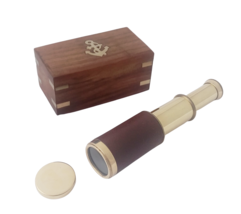 6&quot; Vintage Brown leather Brass Telescope with lid  in Wood Box - £15.98 GBP