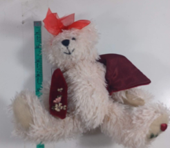 8 inch scruffy white bear with red vest red rose on foot - $5.94