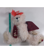 8 inch scruffy white bear with red vest red rose on foot - £4.66 GBP