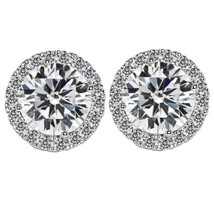 Precious Stars 14k White Gold 7.85mm Round Cubic Zirconia Halo Stud Earrings - £98.62 GBP