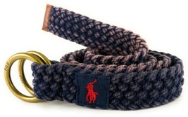 Polo Ralph Lauren Men&#39;s Leather Trim Webbed Cotton O-Ring Belt Navy Blue Large - £28.12 GBP