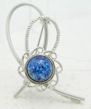 VTG Silver Tone Blue Confetti Glass Cabochon Pin Brooch - $19.60