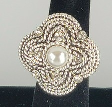 Avon Antiqued Sparkle Pearlesque Pearl Clear Rhinestone Silvertone Rope Ring 5-8 - $19.79