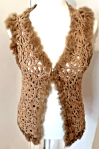 Vintage Cozzi Small Boho Crochet Vest Rabbit Fur Trim Western Festival H... - $67.50