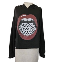 Black Crop Hoodie with Lips Print Size Medium - £19.36 GBP