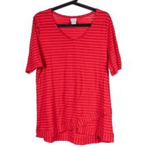Chicos Striped Shirt 2 L Womens Red Short Sleeve Stretch Casual V Waist Cotton - £15.53 GBP