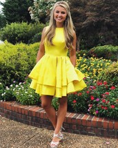 Cute A Line Round Neck Yellow Satin Short Homecoming Dresses - $98.00
