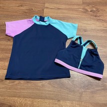 Athleta Girl Blue Purple Color Block Swim Top &amp; Rash Guard Set Size Medi... - $28.71
