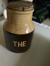 Vtg Danish Pottery “THE” Or Tea Canister Pot Jug With Cork Lid Brown Gold - £23.65 GBP