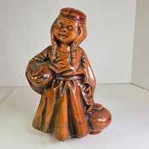 Vintage Ceramic Figurine Native American Girl Holding Pottery Brown Glaz... - $39.99