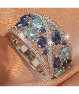 Elegant 925 Sterling Silver Blue White Topaz Wedding Engagement Ring Size 8 - £11.82 GBP