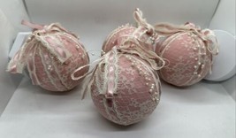 Victorian Style 4 Pink Christmas Ornament w/ Beads Faux Pearls Brocade Fabric - £25.86 GBP