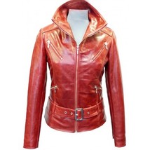 Red Fashionable Jacket Women&#39;s Leather With Belted Waist Front Fastening... - $137.19