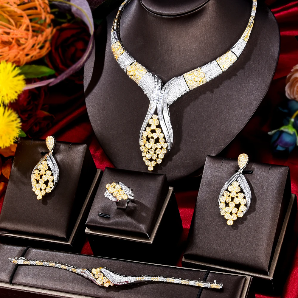 Luxury Flower Double Layer  Jewelry Sets For Women Wedding Full Micro Cubic Zirc - £160.28 GBP