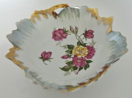 Vintage Ceramic Decorative Bowl Leaf Like Edge Saw Tooth Gold Edging Roses - £10.44 GBP