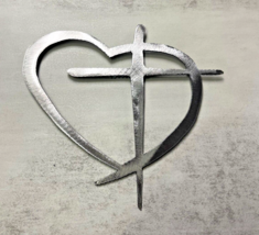 Heart &amp; Cross Mini - Metal Wall Art - Silver Polished Steel 6 1/2&quot; x 6&quot; - $15.18