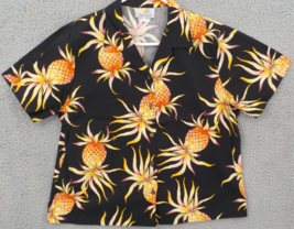 HAWAIIAN FASHION SHIRT WOMENS SZ L BLACK w PINEAPPLE PRINT COCONUT BUTTO... - $14.99