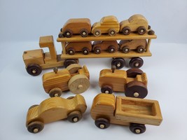 Fowler Hand Made Wooden toys Tractor Trailer car hauler, farm tractor 11 pc Lot - £37.85 GBP