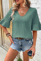 Grass Green Ruffled Half Sleeve V Neck Textured Top - $9.28