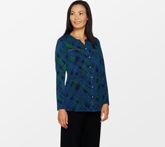 Susan Graver Printed Liquid Knit Top Shirt with Tie Detail   XX Small Navy/Green - £15.30 GBP