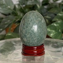 Green Jade Stone Egg With Wood Stand Crystal Chakra Healing Polished Carving 2&quot; - £10.65 GBP
