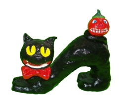 Halloween Black Cat With Bow Tie Bobble Head Nodder JOL Handmade Smiling Kitten - £71.37 GBP