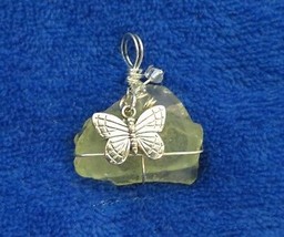 Yellow Sea Glass Handcrafted Pendant With Butterfly Dangle - £14.61 GBP