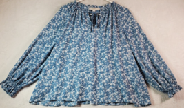 LOFT Blouse Top Womens Medium Blue 100% Polyester Long Sleeve V Neck Drawstring - £10.79 GBP