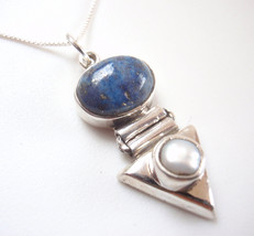 Cultured Pearl and Lapis Lazuli 925 Sterling Silver Necklace d17e - £16.97 GBP