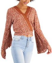 Just Polly Juniors Lace-Trim Bell-Sleeve Top,Brown Floral,Medium - £23.59 GBP