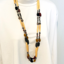 Long Double Strand Statement Necklace Mixed Media with Smooth &amp; Carved Stones - £11.39 GBP