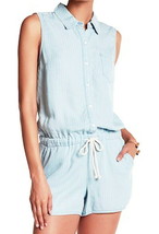 Splendid Pinstripe Romper Large 10 12 Blue $198 Drawsting Waist Slant Po... - $66.48