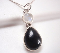 Black Onyx and Moonstone Teardrop 925 Sterling Silver Necklace - £14.07 GBP