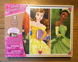 Disney Princesses 5 Puzzle Pack Wood Storage Box Tray Educational Learn Belle - £15.97 GBP