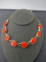 Vtg Thermoset Necklace Coral Orange 16&quot; Long Gold Tone Links Fall Color Estate - £7.98 GBP
