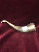Brass Vintage Hunting Gun Powder Flask Drinking Cup Bull Horn SHOFAR 8 in etched - $49.49