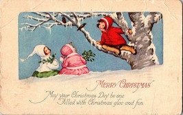 Christmas Postcard Antique Christmas Greeting Girl in Tree Red Coat Holi... - $4.99