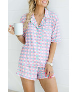 Purple Checkered Pattern Short Sleeve Pajamas Set - $59.81 CAD
