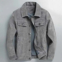 Leather Trucker Jacket Men Gray Pure Suede Shirt Button Handmade Stylish Party - £89.68 GBP+
