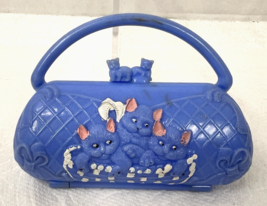 Vintage Hard Plastic Cats In Basket Toy Purse Hand Painted Light Blue 4&quot; - $41.14 CAD