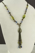 MODERN Costume Jewelry AVON Jewel Tone Olvine Beaded Pendant Tassel Necklace - £12.74 GBP