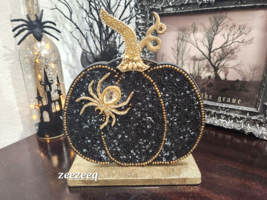 Halloween Beaded Black Pumpkin with 3D Gold Spider Figurine Tabletop Decor - £23.29 GBP