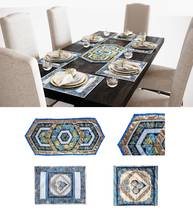 Holiday Blue Table Runner, Quilted Runner, Blue Floral Cotton, Gold Meta... - $99.00