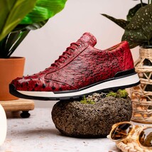 Hand painted genuine Snake and calfskin Sneaker Shoes Scanno Antique Red image 13