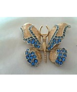 Vintage Gold Tone with Blue Rhinestones Butterfly Pin Brooch - £37.45 GBP