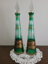Bohemian Czech Green cut to clear Glass decanters Gold Frieze - $654.50